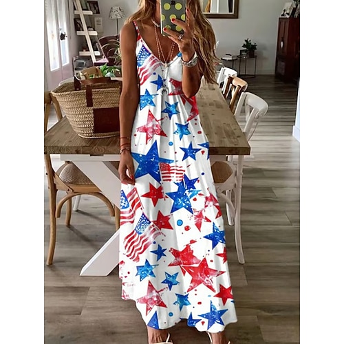 Amerikanischer Unabhängigkeitstag Damen Maxikleid A Linie Kleid Unterkleid Urlaub Lässig Ausgehen Normale Passform Grafik Amerikanische Flagge Ärmellos V Ausschnitt Spaghettiträger Blau Marineblau Image