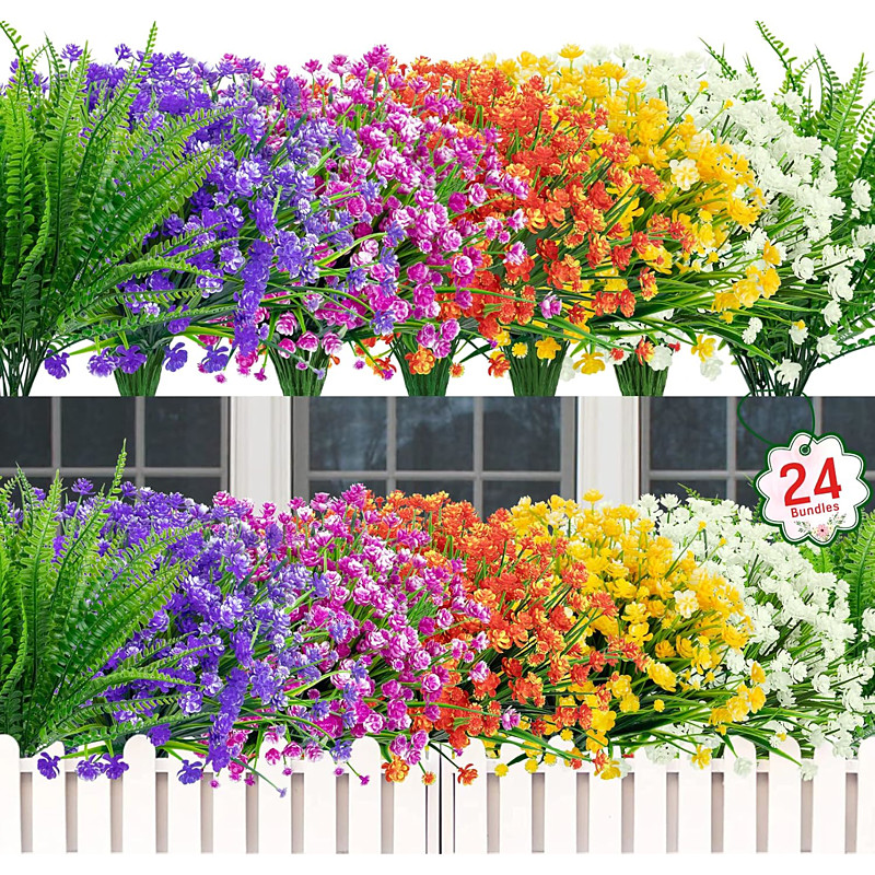 24 Bundles Artificial Flowers for Outdoors UV Resistant Fake Plastic Plants Faux Boston Fern Greenery Stems for Spring Summer Indoor Garden Patio Window Box Kitchen Home Decor, Mixedcolor