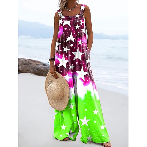Unabhängigkeitstag Patriotic Damen Latzhosen Aktiv Floral Ärmellos Ärmellos Weite Beine Quadrat-Ausschnitt Pocket Knöpfe Täglich Strand Lockere Passform Rot Lila Orange Sommer Image