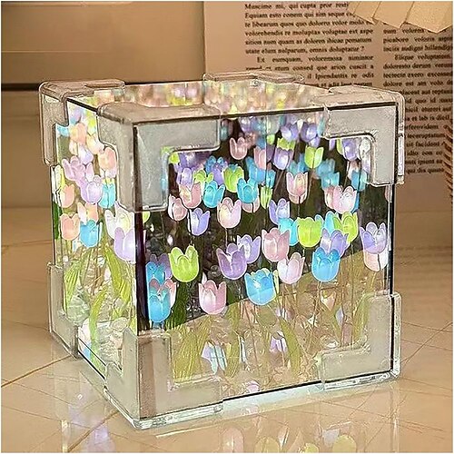 Künstliche Tulpen als DIY-Würfel-Spiegelbox mit Nachtlicht, florales Geschenk zum Muttertag, Geburtstag, romantische Dekoration Wohnambiente, Selbstmontage-Set Image