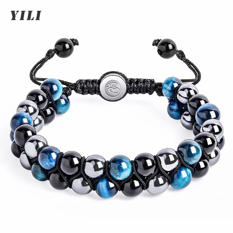 Braccialetto a Tripla Protezione con Perle da 8mm, Bracciale in Occhio di Tigre, Ossidiana Nera ed Ematite per Uomo e Donna, Bracciale Curativo in Cristallo
