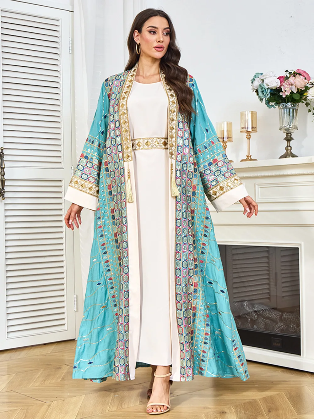 Eid Abaya Abito da donna Musulmano Jalabiya Paillettes 2 pezzi Set Lace-up Abiti Largos Party Ramadan Abiti lunghi Caftano Robe 2025