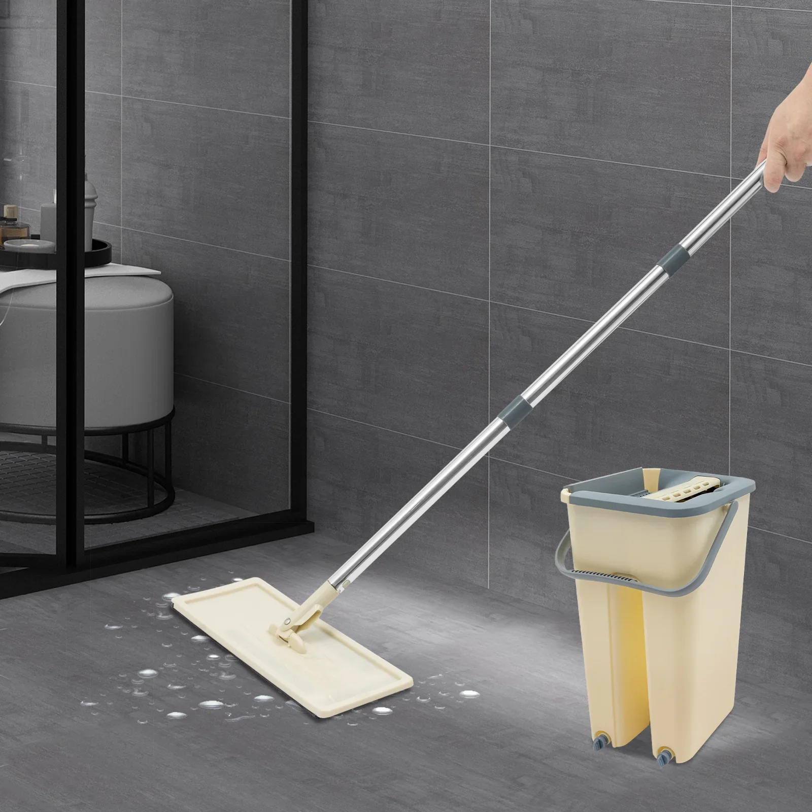 Bodenwischer-Set mit 2-Kammer-Eimer und 10 Mikrofasertuchern | Edelstahlwischer 360° ° Drehbar (128 cm) für Hart-/Teppichböden Image