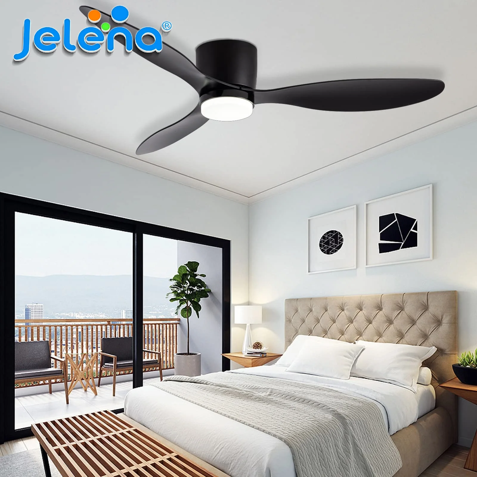 Jelena 52-Zoll-Deckenventilatoren für Wohnzimmer, niedriger Boden, LED-Deckenventilator mit Licht, Fernbedienung, 6-Gang-Wendeventilator für den Haushalt
