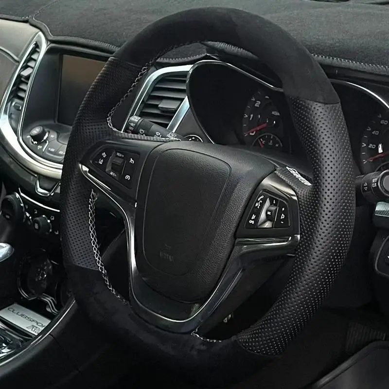 Hand-Genäht Nicht-Slip Schwarz Wildleder Echtes Leder Braid Auto Lenkrad Abdeckung Für Holden VF Auto Zubehör Image