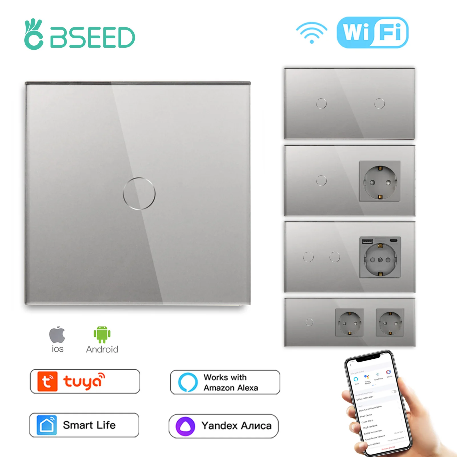 BSEED Wifi 1/2/3Gang touch schalter 1/2/3 weg Wand Licht Schalter Tuya Smart Life Control mit EU Buchse USB Elektrische Steckdose Image