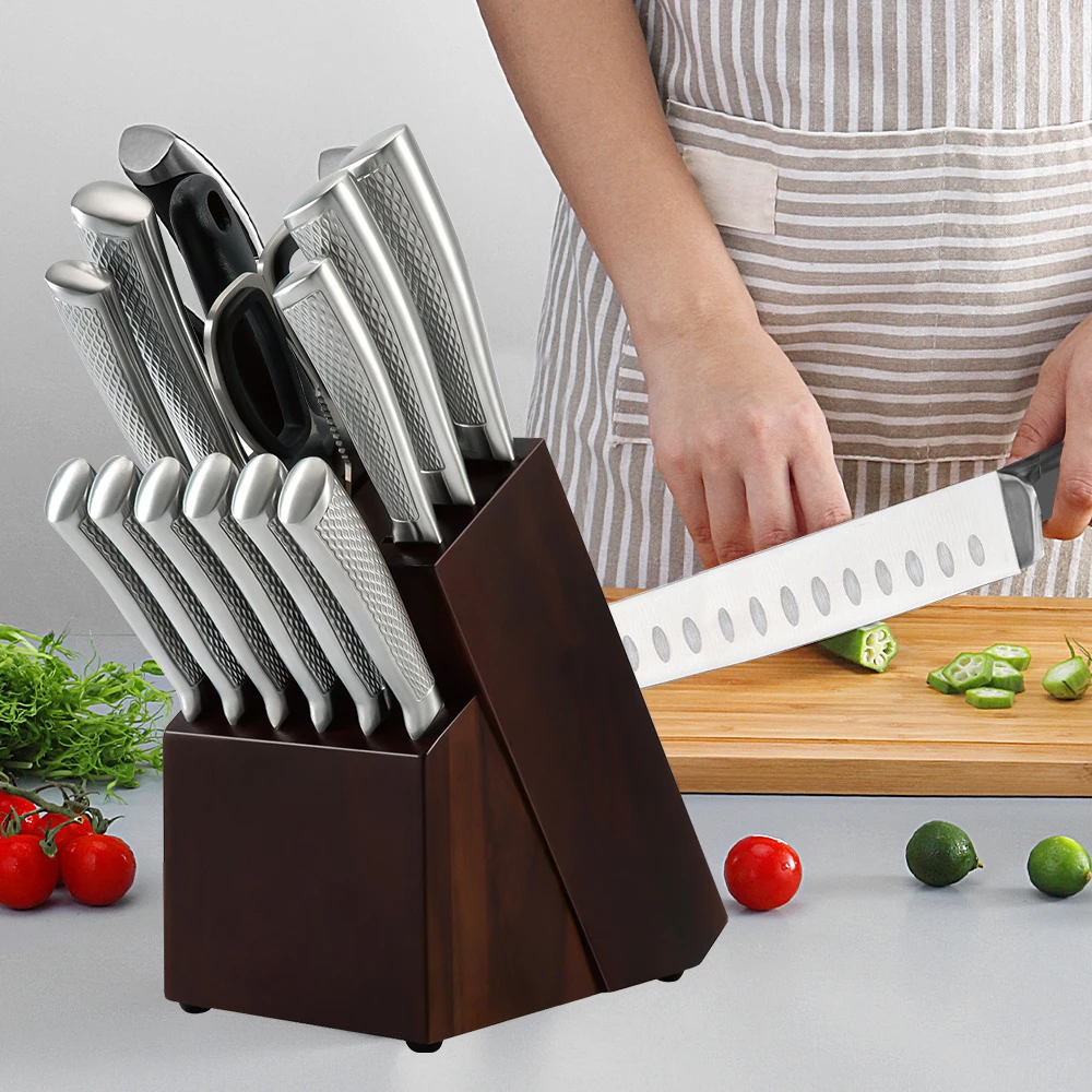 Vollstahl-Küchenmesser-Set mit Palisander-Messerblock für die Küche, scharfes japanisches Kochmesser mit gehämmertem Muster und ausgehöhltem Griff Image