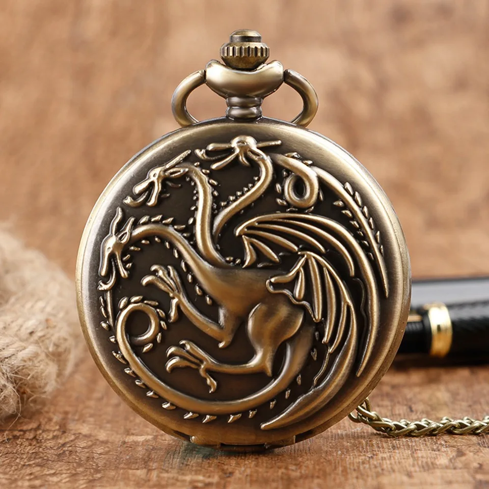 Dreiköpfige Drachen-Quarz-Taschenuhr, Vintage-Bronze, Feuermonster-Halskette, antike Vintage-Uhr