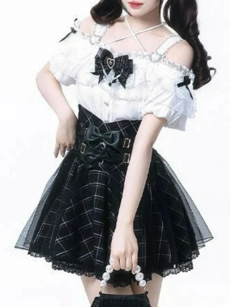 Süße Lolita Rock Set Frauen Kawaii Weiß Off Schulter Blusen Harajuku Spitze Patchwork Schleife Plaid Röcke Gothic Y2k Anzug Japanisch