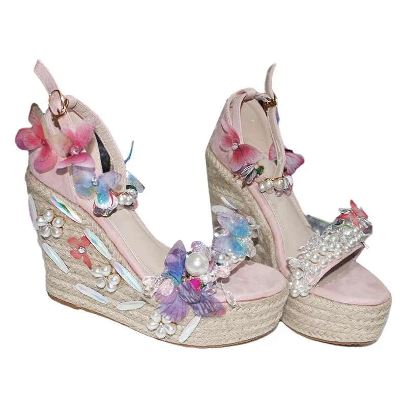 Schönheit Schmetterling Blume Kristall Perle Seil Geflochtene Keil Heels Sandalen Frau Plattform Peep Toe Strand Alias Schuhe