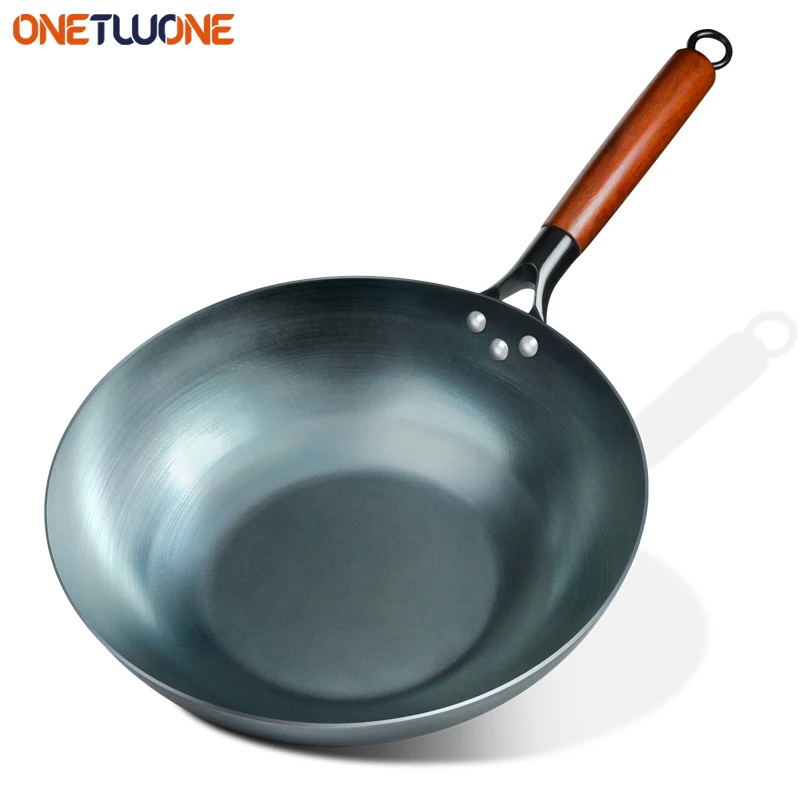 Wok-Pfanne mit flachem Boden, 33 cm, Woks und Rührpfanne, blaues Eisen-Kochgeschirr, traditionelles chinesisches Kochgeschirr für elektrische Induktionskochfelder Image