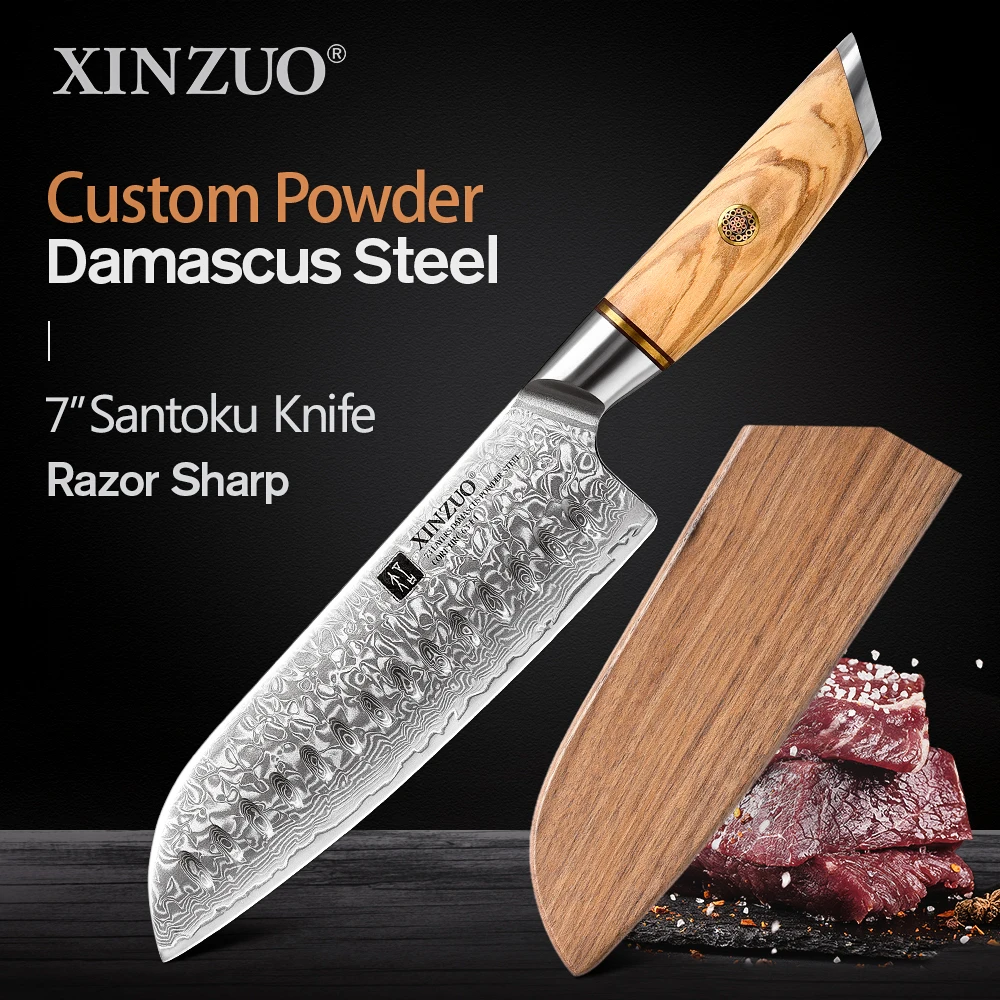 XINZUO 7" Zoll Kochmesser im japanischen Stil mit hohem Kohlenstoffgehalt, Damaskus-Edelstahl, Santoku-Küchenkochutensilien mit Geschenkbox Image