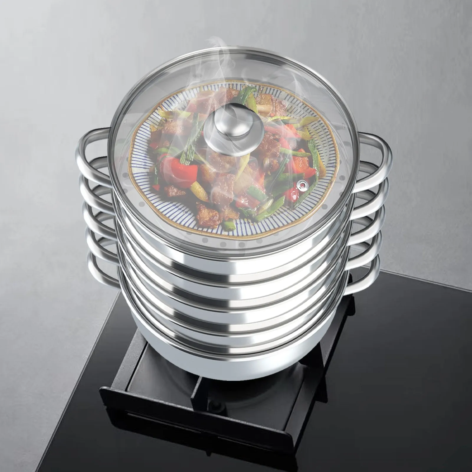 5-stöckiger 30cm Multifunktionaler Dampfgarer, Dampfkochtopf, Gemüsekochtopf aus Edelstahl in Silber mit Glasdeckel, Langlebig und Leicht zu Reinigen Image