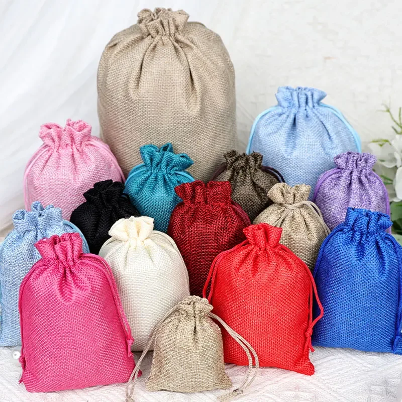 50 Stück Leinen-Geschenktüten mit Kordelzug, Sackleinen, Süßigkeitenbeutel, Hochzeit, Party, Gastgeschenk, Jute, Schmuck, Verpackung, Kaffeebohne, Kunsthandwerk, Beutel Image