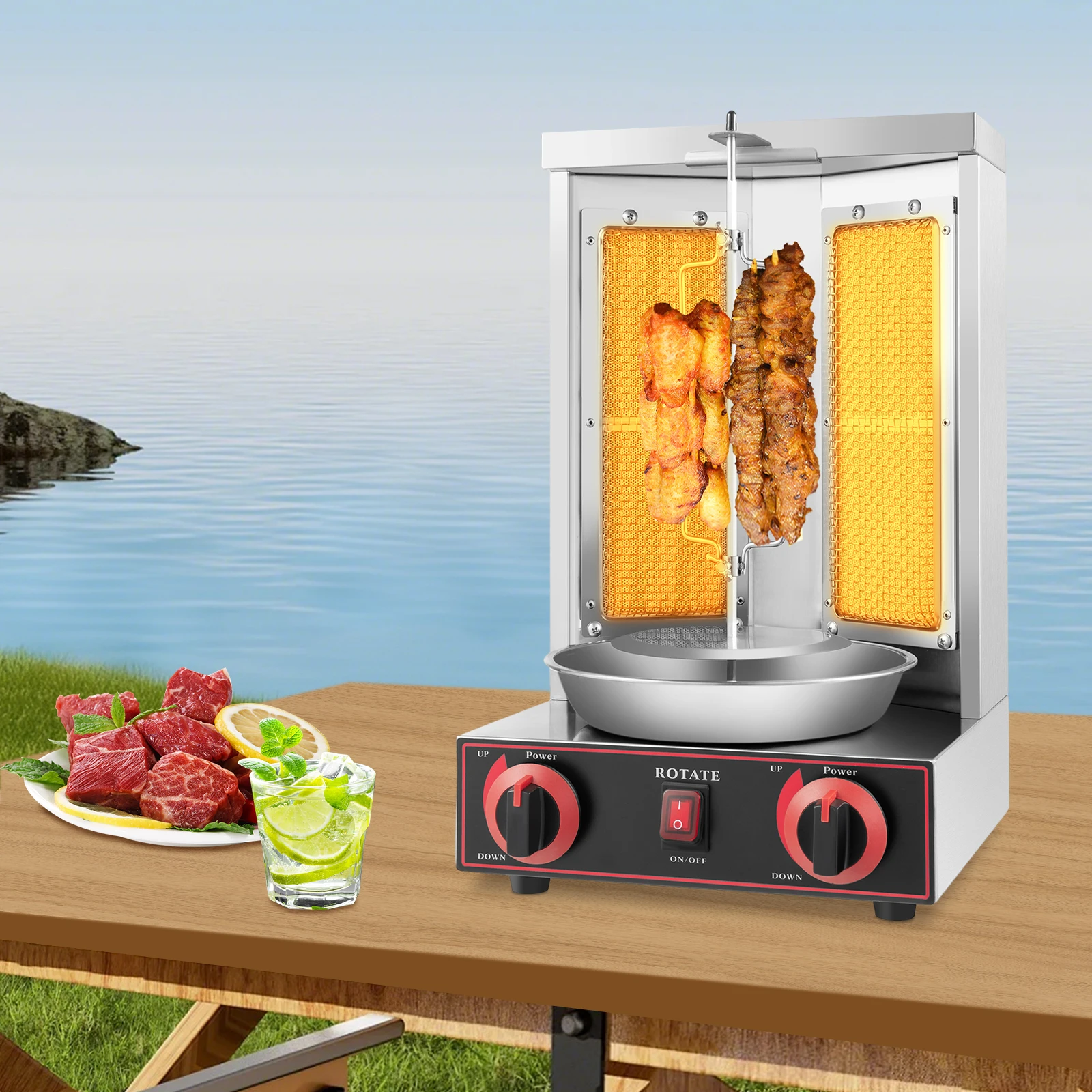 3000 W professionelle Gas-Shawarma-Grillmaschine, 2 Brenner, 12 kg Kapazität, vertikaler Kebab-Rotisserie-Ofen für den privaten und gewerblichen Gebrauch Image