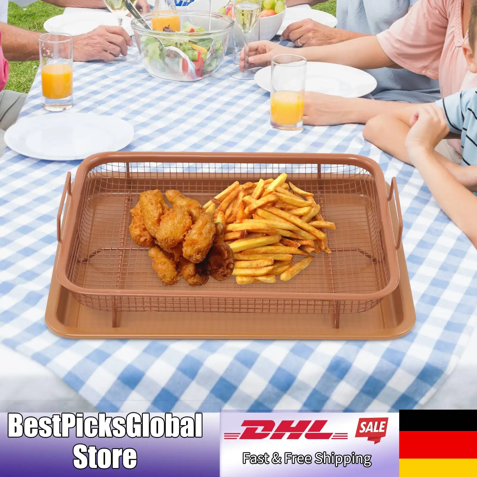 Grillkorb für Backofen, quadratisch, antikes Messing/Silber/Schwarz, optionaler Backofen-Backkorb mit Tablett, ergonomische Griffe für Grillen Image