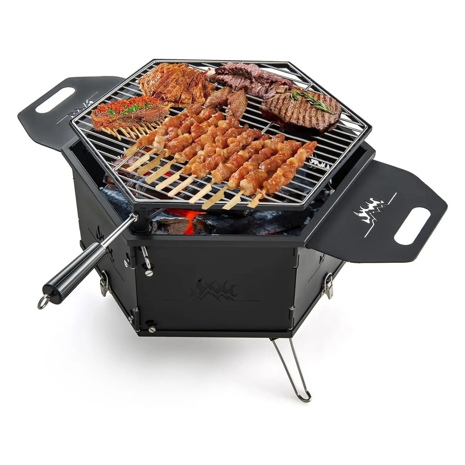 Großer Holzkohlegrill mit 360°-Drehfunktion ° Drehbarer Grill, 2-in-1 Feuerstelle, Klappbarer Grill, Campinggrill mit Griffen zum Kochen & Heizen Image