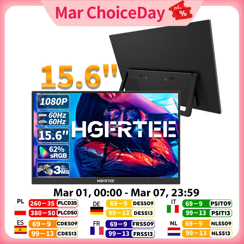 HGFRTEE 15,6 Zoll tragbarer Monitor FHD-IPS Panel Zweiter Bildschirm für Laptop-Gaming Erweitertes Display mit Typ C HDMI Image