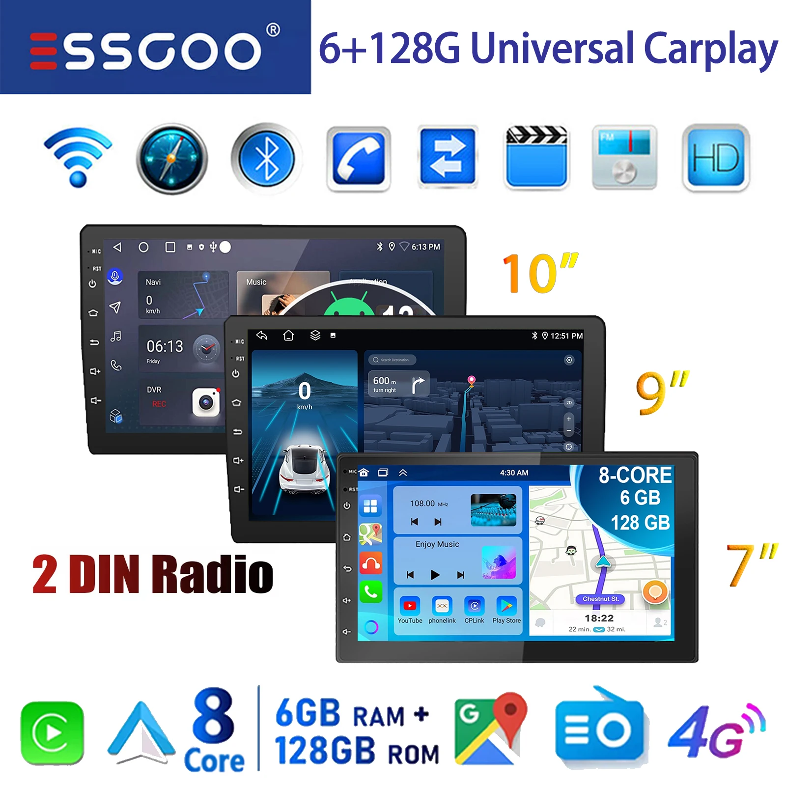 ESSGOO Universal Autoradio 2DIN Android 14 6+128 GB 7/9/10" QLED Touchscreen - Wireless CarPlay Android Auto 4G WiFi Bluetooth GPS Navi RDS FM Mirror Link Multimedia Video Player Head Unit Image