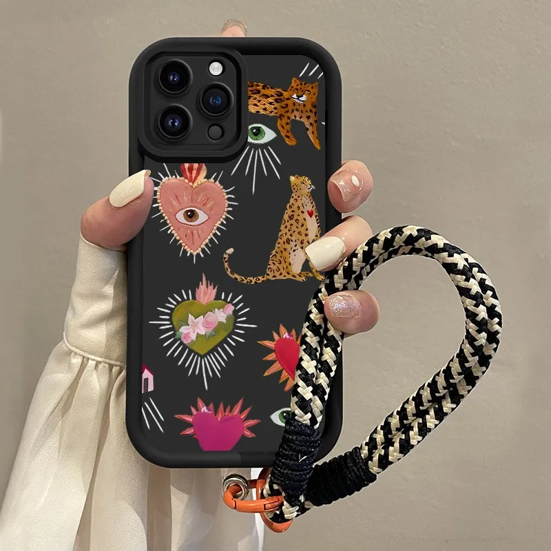 Leoparden-Augen-Blumenmuster Handyhülle mit Trageriemen für iPhone 11 12 13 14 15 16 17 Pro Max X XS XR 7 8 Plus 16E 17Air Weiche Schutzhülle Image