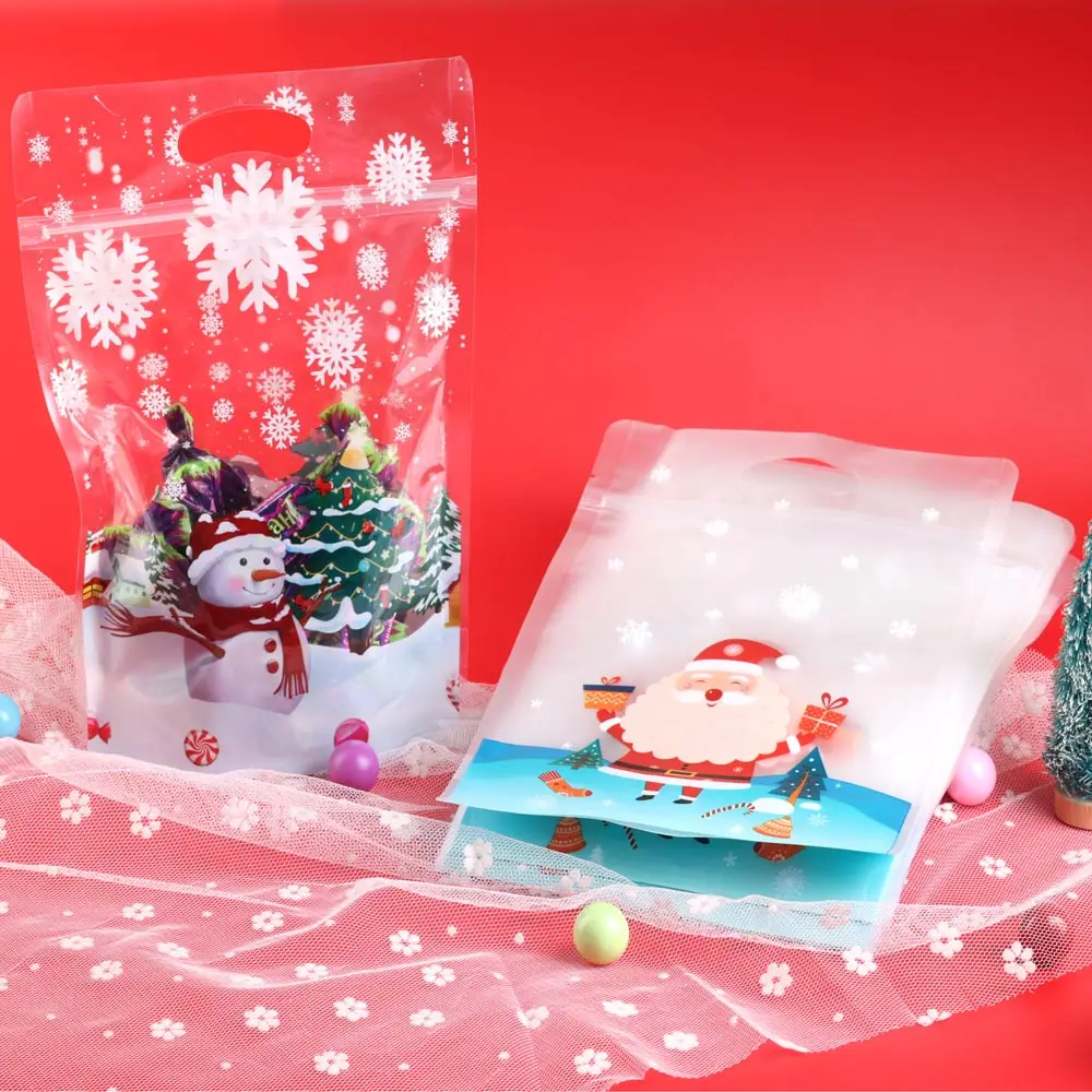 5/10/25 stücke Weihnachten Transparente Kunststoff Cookie Taschen Süßigkeiten Snack Tasche Baum Schneeflocke Neue Jahr Party Dekorationen Griff geschenk taschen Image