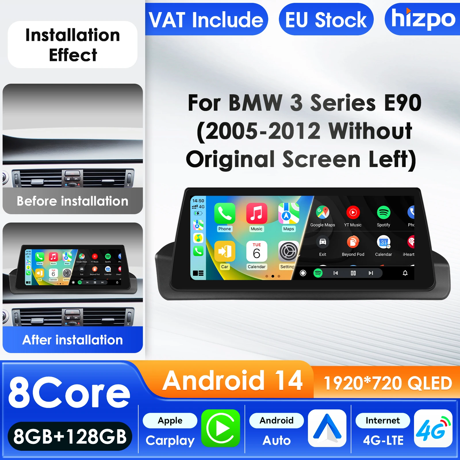 Hizpo 4G AI Systeme Android 14 Autoradio für BMW 3er E90 2005-2012 Linker Antrieb Multimedia Video Player GPS 2 Din Autoradio Image