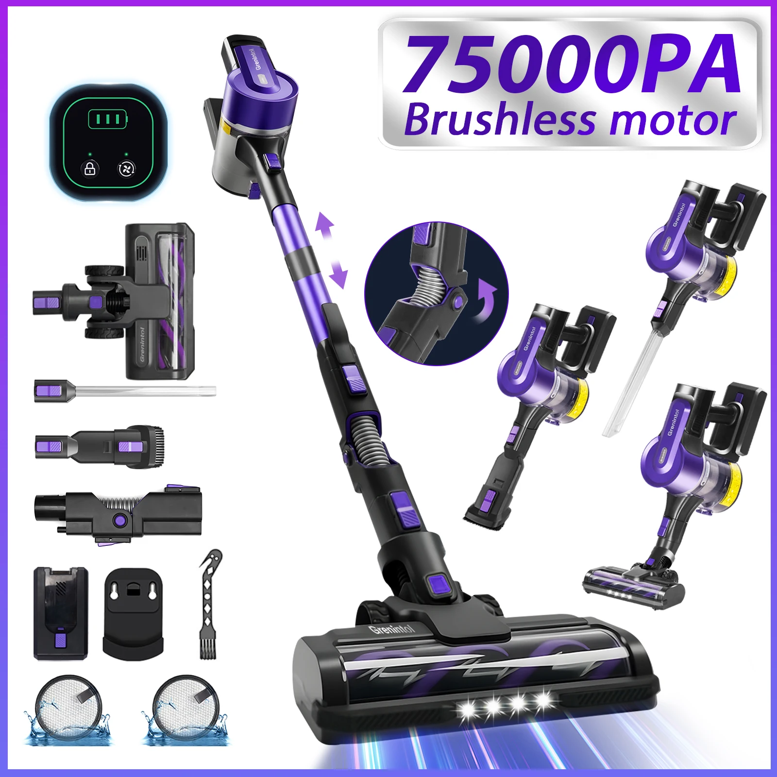 Grenintol S119 Akku-Staubsauger Kabellos Tragbar | 500W/75kPa Starke Saugkraft | Biegbar 3-Stufige Regelung | Haustierfreundlich Image