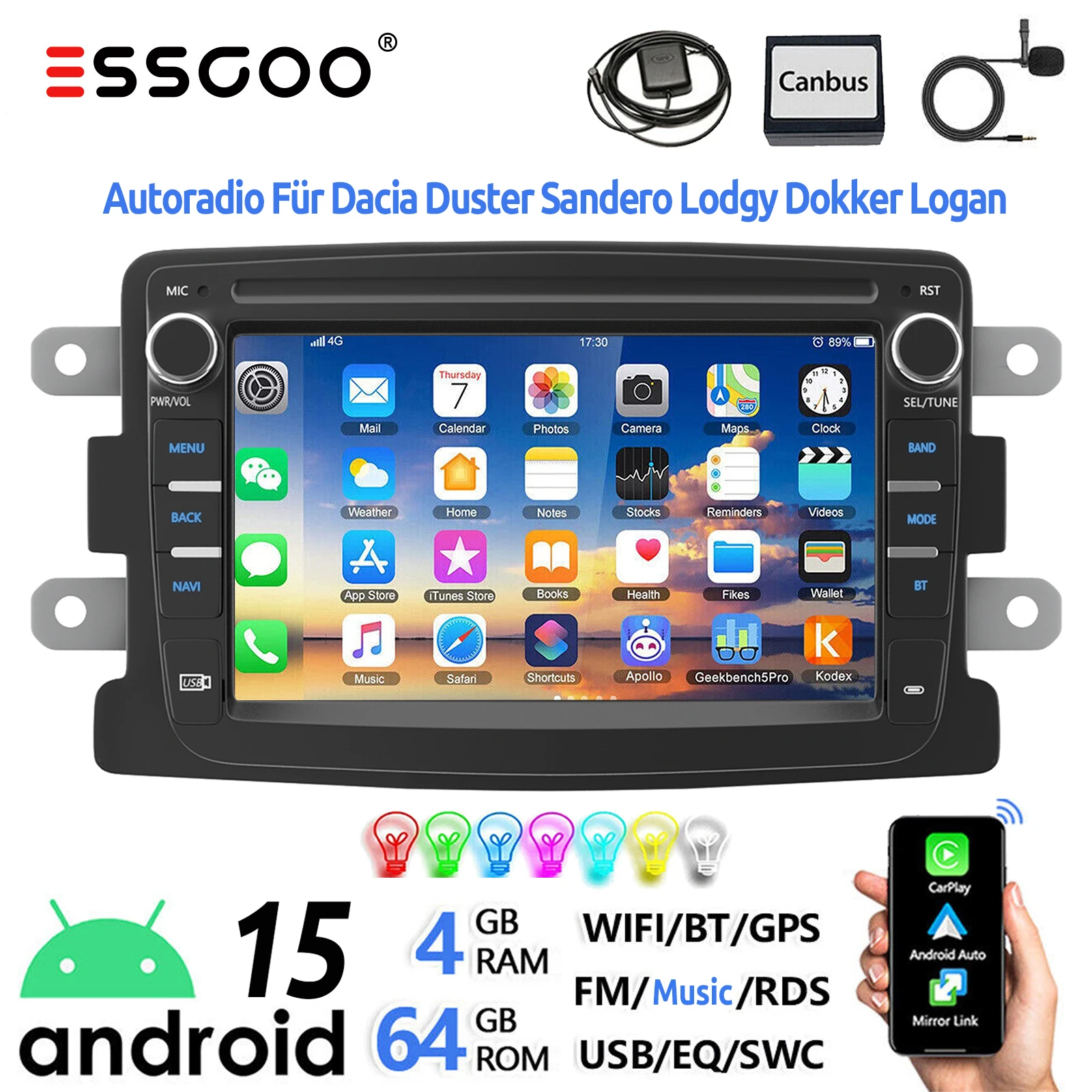 ESSGOO Android 15 4+64G Autoradio für Renault Captur Dacia Duster Sandero Dokker Logan Lodgy mit Wireless Apple Carplay GPS WIFI RDS Bluetooth USB 7 Zoll Touchscreen Mirror Link Equalizer Image