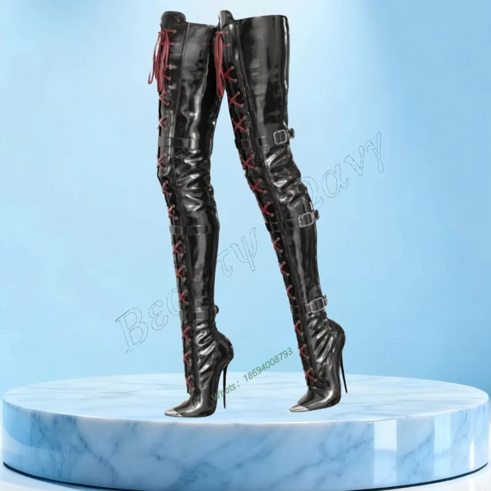 Schwarz Metall Kappe Patent Leder Stiefel Seite Schnalle Oberschenkel Hohe Spike High Heel Schuhe Solide Sexy Frauen Schuhe Neue Zapatos Para Mujere