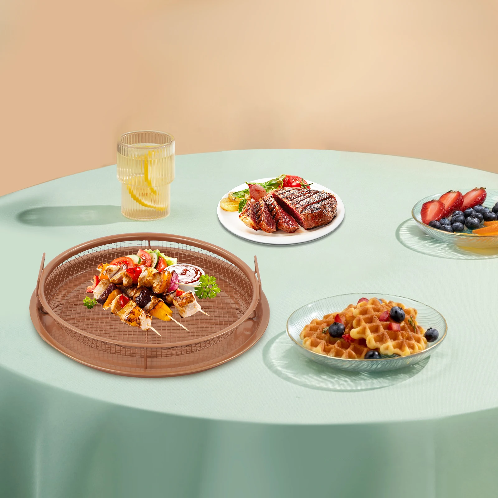 Knuspriges Korb- und Tablett-Set, Heißluftfritteusen-Grillkorb, Messing-Backblech, Öl mit Tablett, ölfreies Kochregal für den Backenkorb im Ofen Image