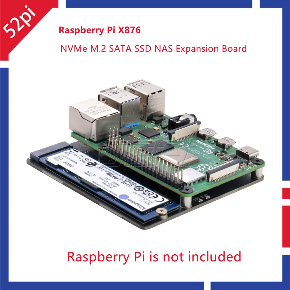 52pi Himbeer pi x876 nvme m.2 sata ssd nas Erweiterungs karte Unterstützung Schlüssel-m 2280 ssd für Himbeer pi 4b Image