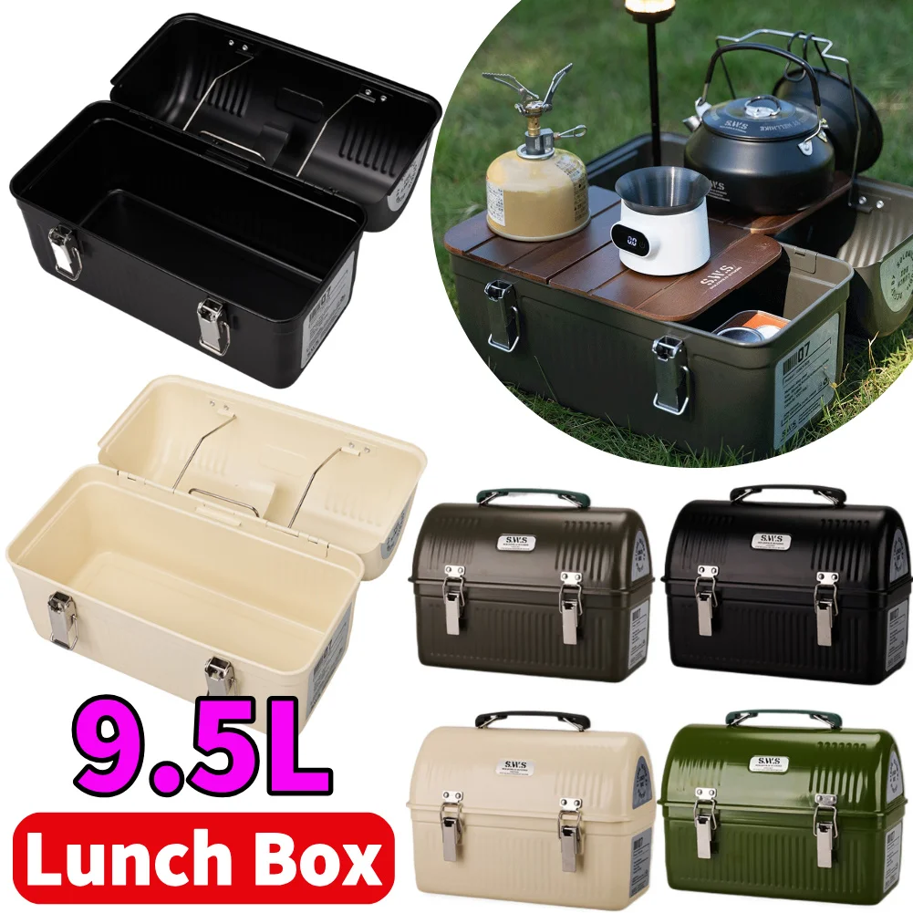 9,5 l Vintage-Lunchbox aus Metall mit Griff und Riegel, für Camping, Angeln, Kaffee, Tee, Lebensmittel, Aufbewahrungsbox, Outdoor-Camping-Werkzeugkoffer