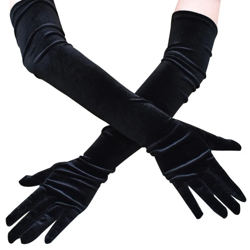 53CM Frauen Goldene Samt Lange Herbst Winter Warme Schwarz Abendkleid Etikette Handschuhe Retro Stil Bankett Zubehör Elastizität Image