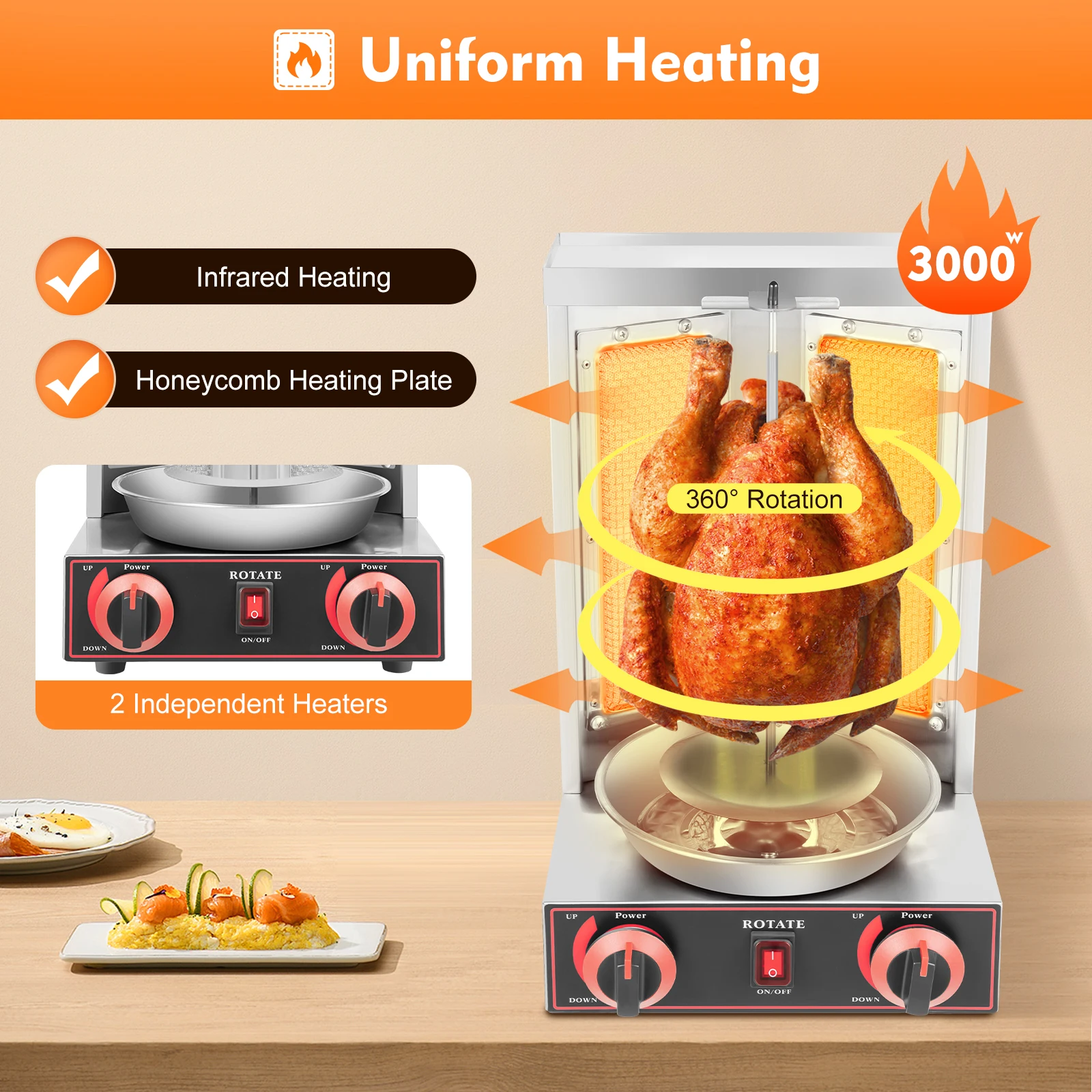BYMAOCAR Tischgrill 3 kW, 360° ° Drehbarer Grill aus Edelstahl, für Döner, vertikale Grillmaschine für Hühnchen, Grillen Image