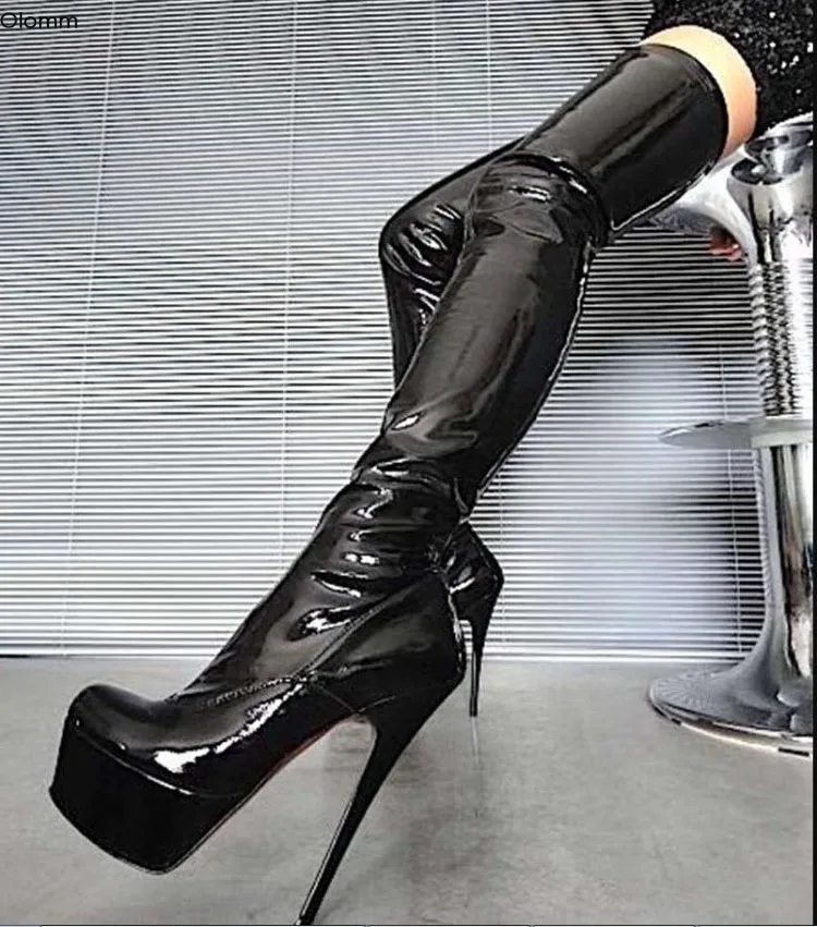 Olomm Frauen Plattform Oberschenkel Hohe Flexible Stiefel Stiletto High Heel Stiefel Runde Kappe Schwarz Nachtclub Schuhe Frauen Plus UNS Größe 5-15