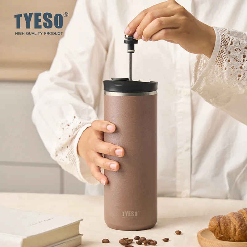 Tyeso French Press Kaffeetasse, Presse, Becherflasche, Edelstahl, vakuumisoliert, tragbar, Kaffeetasse, BPA-frei, für den Außenbereich Image