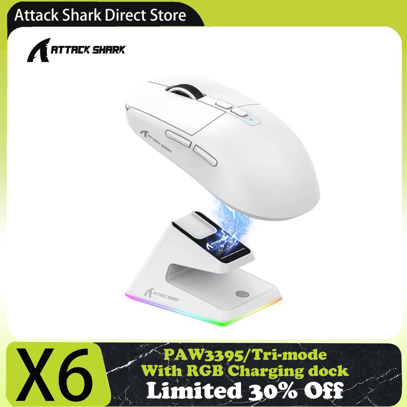 ATTACK SHARK X6 Tri-Mode-Gaming-Maus mit magnetischer Ladestation, PixArt PAW3395-Sensor, 26K DPI, 49 g ultraleicht, für PC/Mac Image
