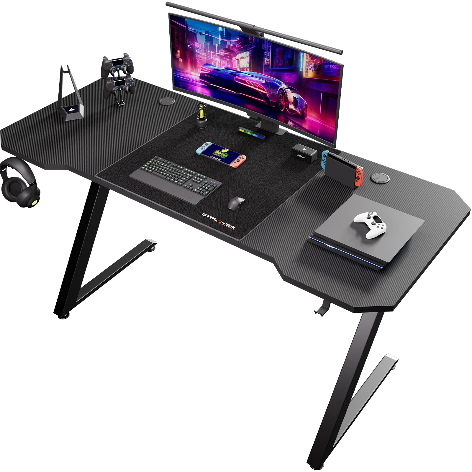 GTPLAYER Gaming Tisch, Gaming Schreibtisch 120 x 60cm, PC Tisch Gamer Tisch mit Kohlefaseroberfläche/LED/Steckdose, Schwarz Image
