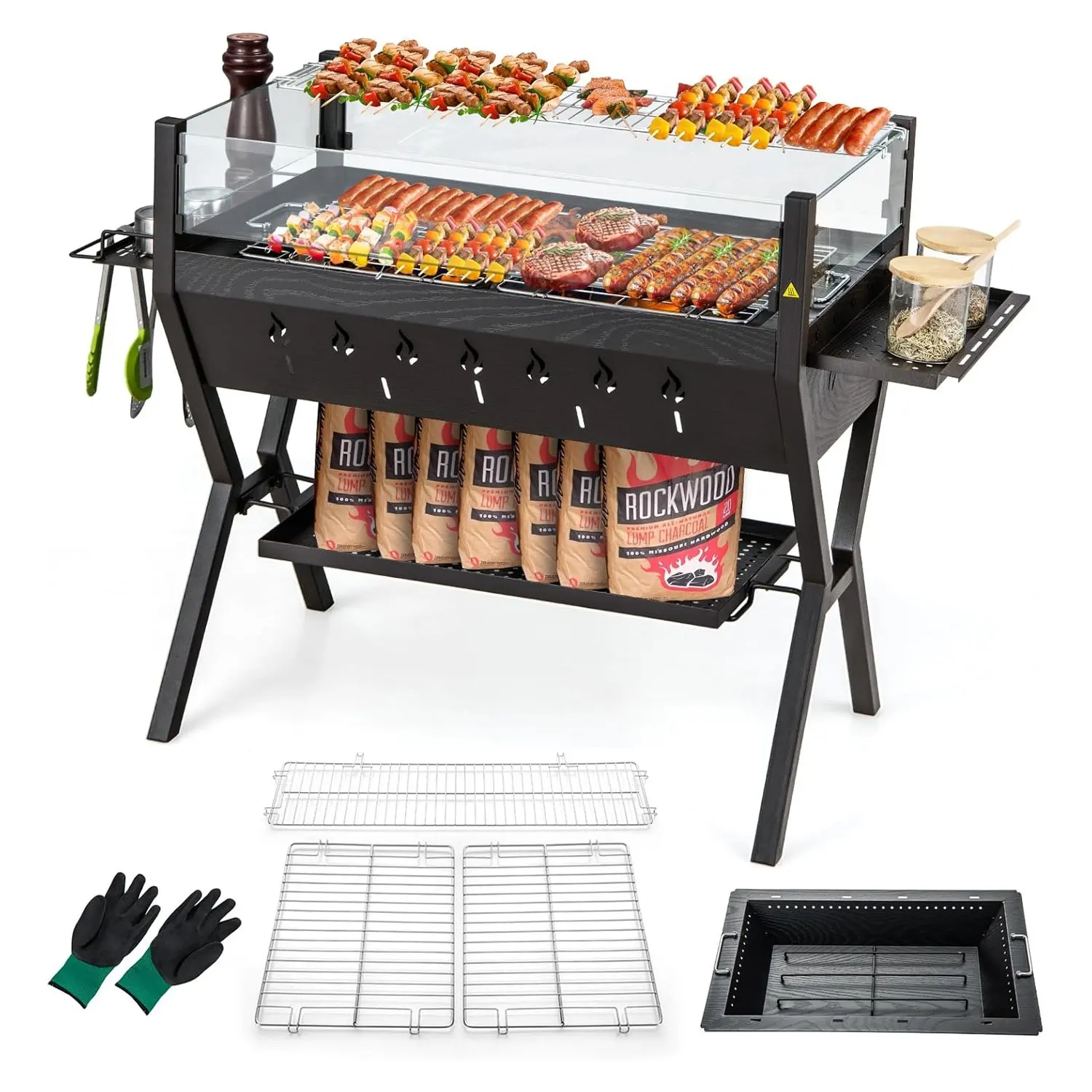 Holzkohlegrill mit Windschutz, Gewürzregale und Regal, Campinggrill, Grilloberfläche aus Edelstahl, Grill mit Handschuhen Image
