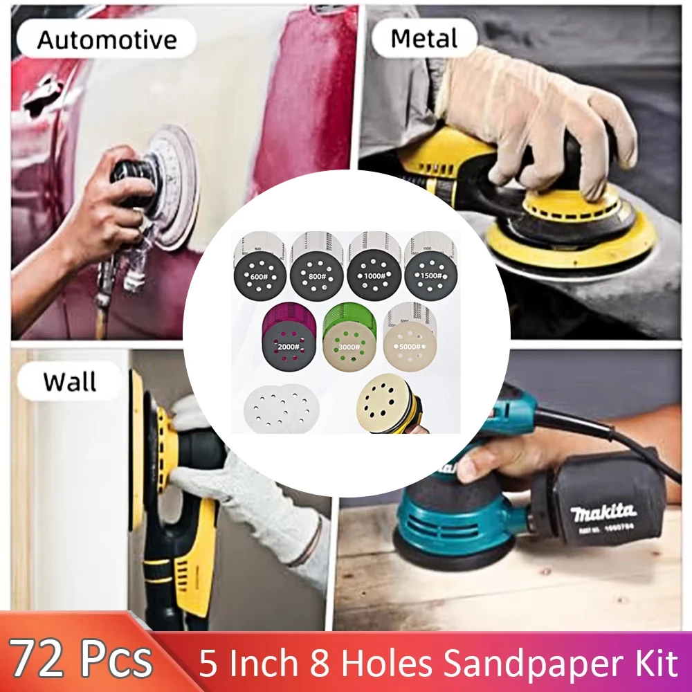 72-teiliges 5-Zoll-Schleifscheiben-Set, 70-teiliges 5-Zoll-8-Loch-Nass-Trocken-Schleifpapier mit 2 Schnittstellenpads für Exzenterschleifer 600–5000 Image