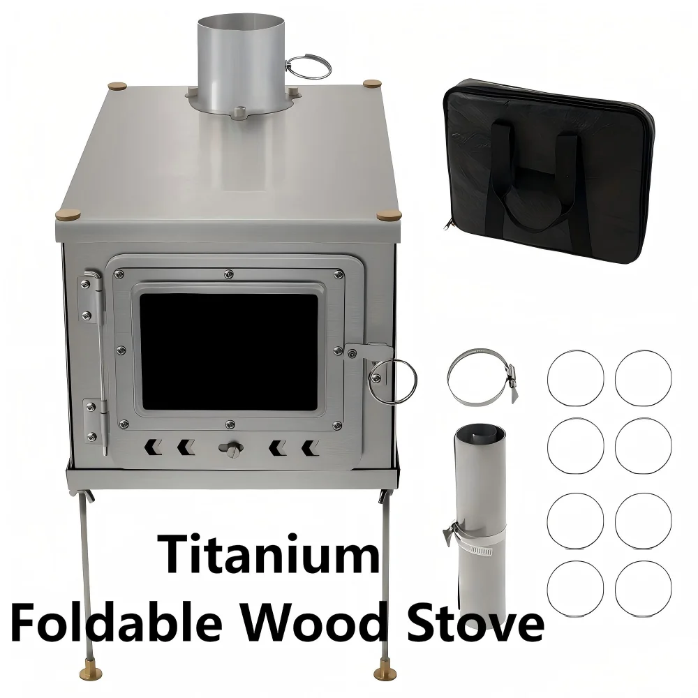 PAKICETUS Titan faltbarer Holzofen, leichte Verbrennung aus Titanlegierung, langlebig, tragbar, Holzkohlefeuer, Holzofen zum Brennen Image