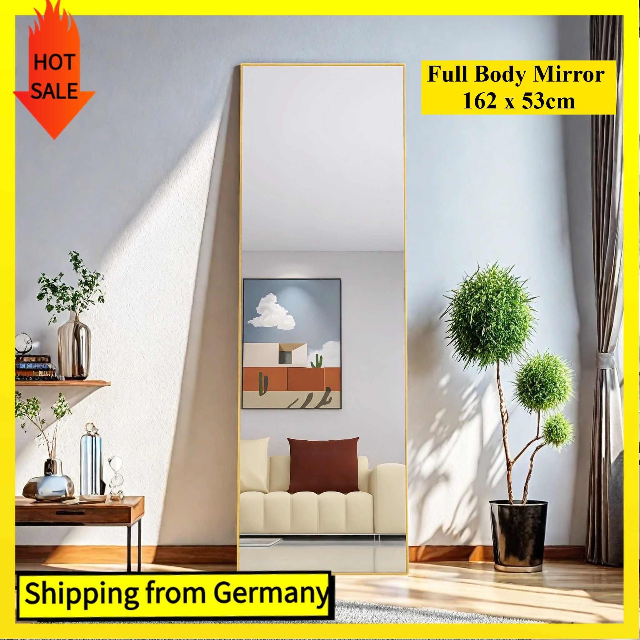 Comanlai Ganzkörperspiegel 162 x 53 cm, großer Standspiegel, Wandspiegel, Bodenspiegel für Schlafzimmer, Wohnzimmer, Gold