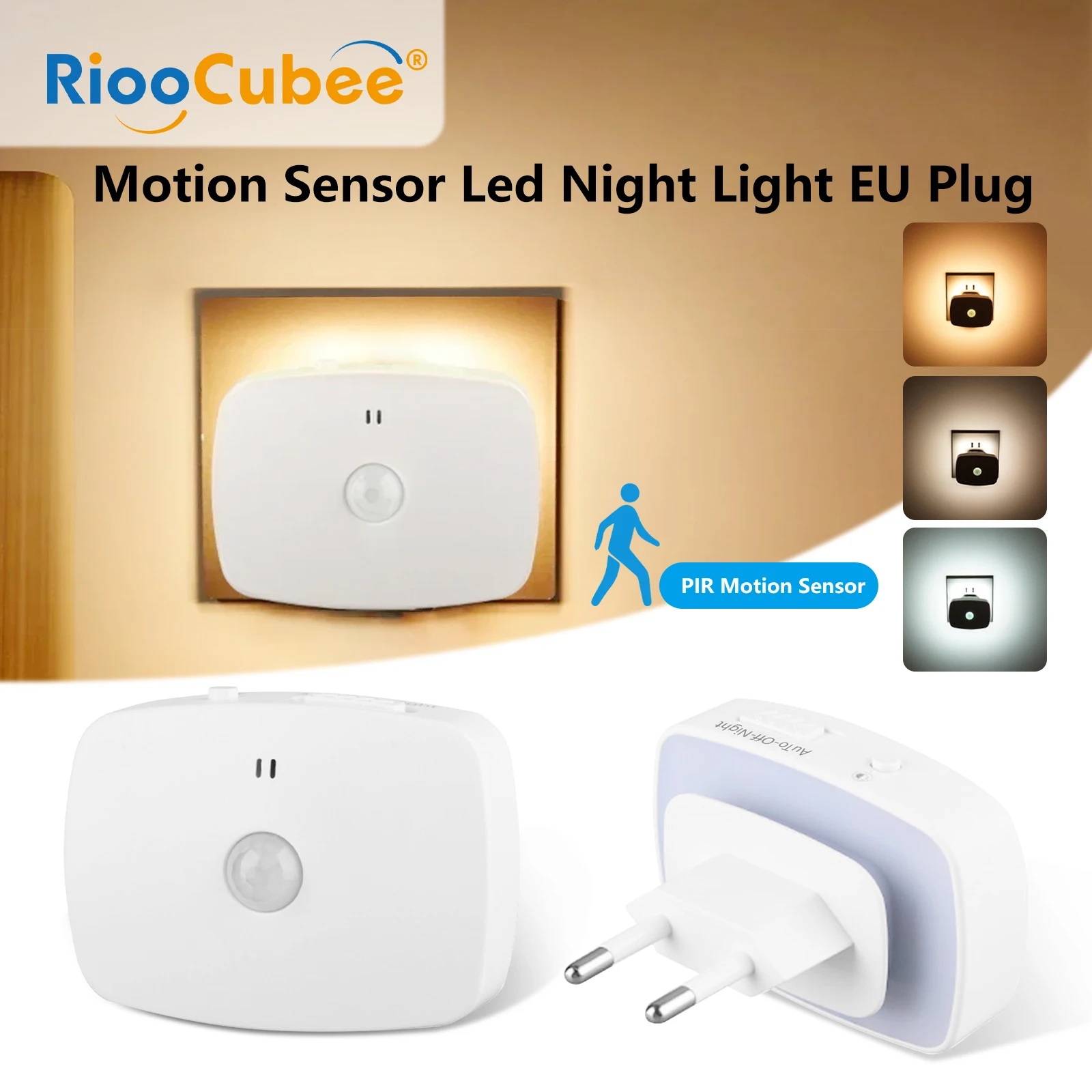 RiooCubee Nachtlicht mit Bewegungsmelder, EU-Stecker, automatisches Ein-/Ausschalten von Dämmerung bis Morgendämmerung, LED-Nachttischlampe, energiesparend, für Flur, Schlafzimmer, Toilette