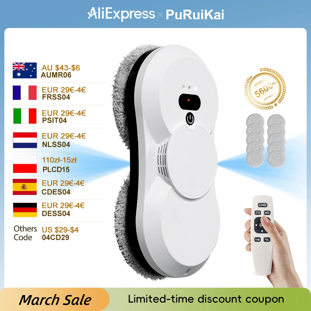 PuRuiKai Fensterputzroboter, 5600Pa Saugkraft, Zweiwege-Automatische Sprühfunktion 50ml Tank, Mehrfache Sicherheitssysteme, Mit Bürstenlosen Motoren Image