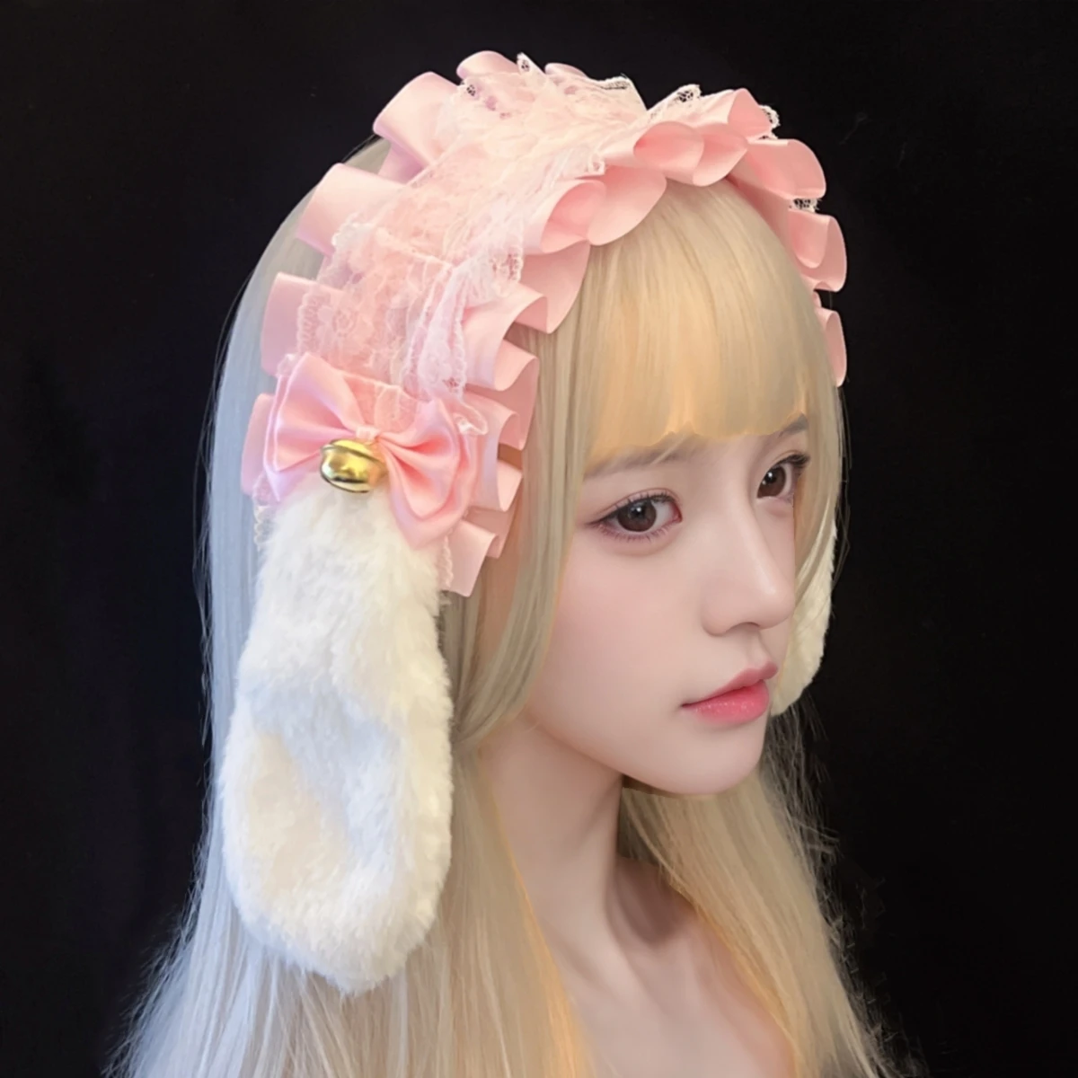 Japanische Kaninchen Ohr Lolita Spitze Schleife Lop Bunny Ohren Stirnband Haarband Kawaii Cosplay Haar Zubehör D840 Image