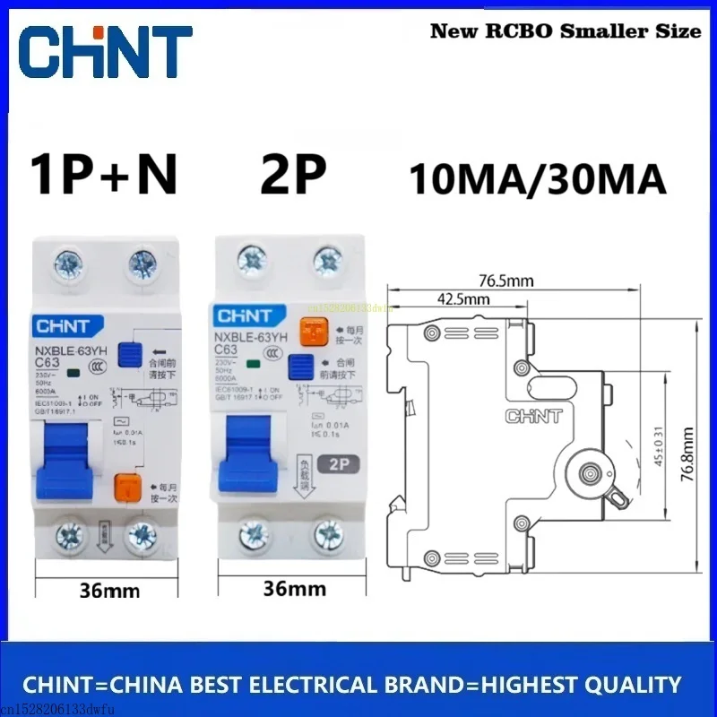 CHINT NXBLE-63YH 1P+N 2P 10MA 30MA Kleiner RCBO Fehlerstromschutzschalter mit Überlastschutz 10A 16A 20A 25A 63A Image