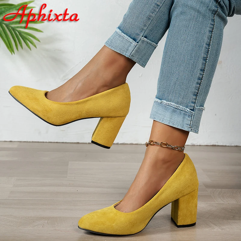 Aphixta Damen-Pumps mit klobigem Absatz, Flock, modisch, spitzer Zehenbereich, blau, rosa, gelb, offizielle Schuhe, große Größe 42
