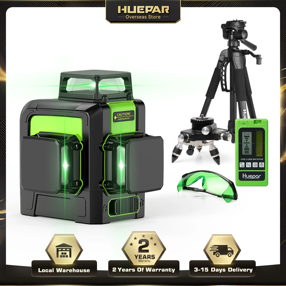 Huepar 903CG Set 12 3D-Kreuzlinien-Laser-Nivelliergerät Osram Green Laser Beam Selbstnivellierend 360 vertikal horizontal mit Empfängerstativ Image