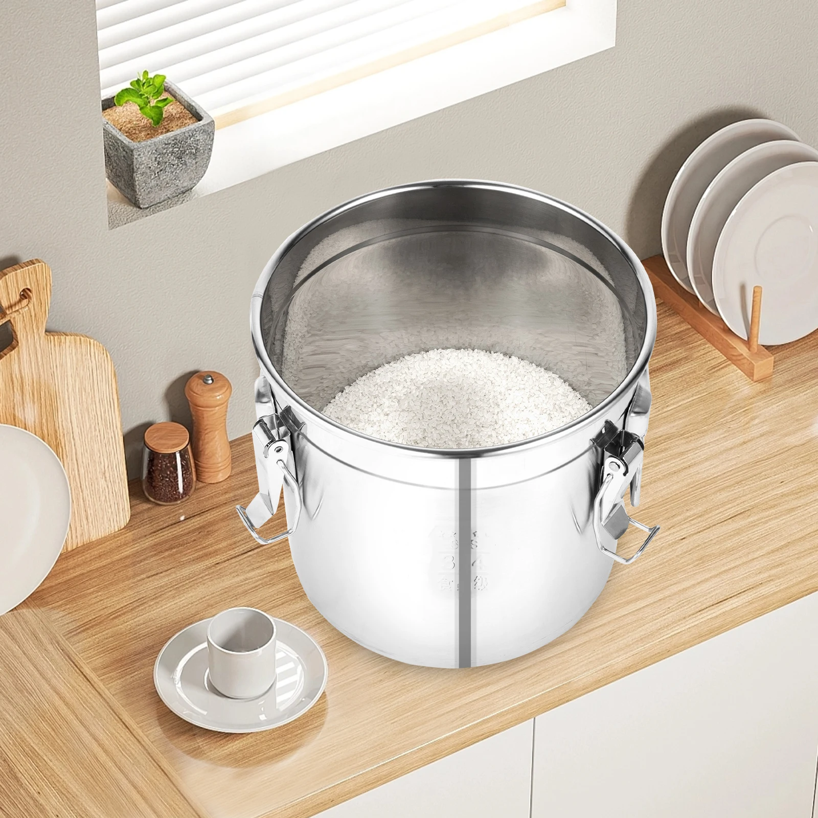 BYMAOCAR Luftdichter 12-Liter-Kanister mit Deckel, Edelstahl-Eimer mit stabiler Verriegelungsklemme, Edelstahl-Eimer für Getreide, Reis, Mehl, Milch