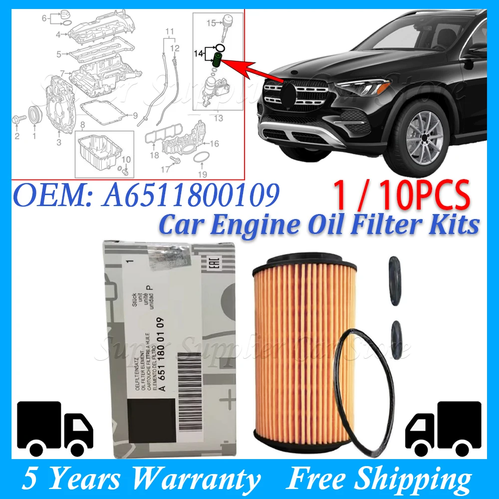 1/10PCS Auto Motoröl Filter Für Mercedes Benz W204 W205 W212 A180 B200 C200 E220 E250 CDI CLA GLA GLC GLK OM651 A6511800109 Image
